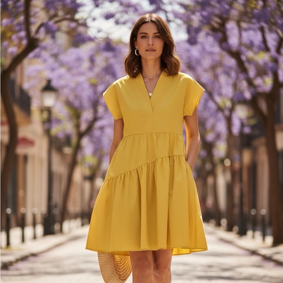 Seven7 Dresses & Skirts - 52Seven Yellow V-Neck Tiered Babydoll Dress. Size S.